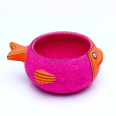 Handicraft Washable Terracotta Modern Fish Diya Tealight T-Light Holder - Pink